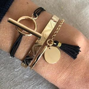 Boho Aztec 3-pc. Gold Black Tassel Bracelet Set!